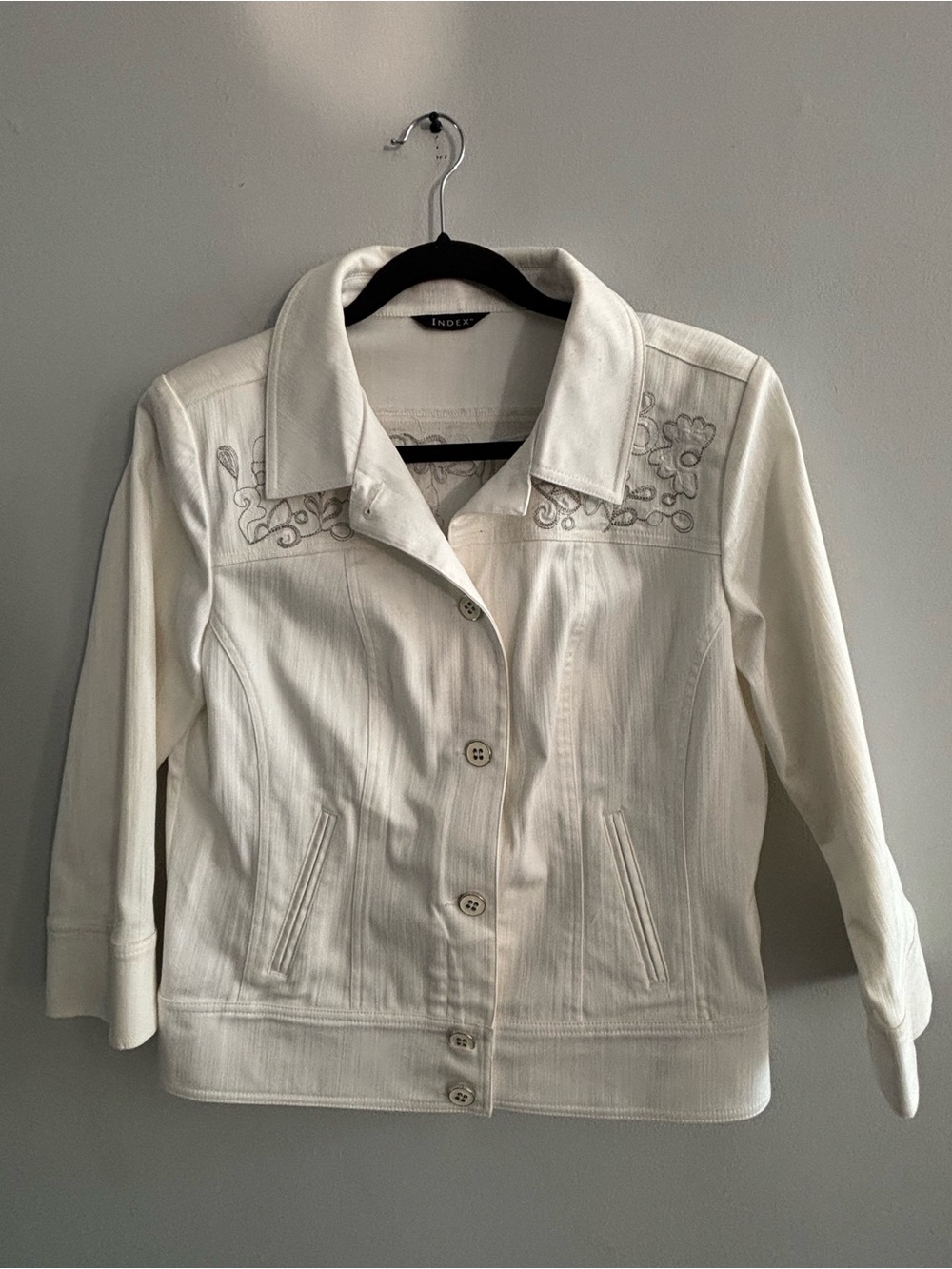 Index White Embroidered Button-Front Jean Jacket Size Medium